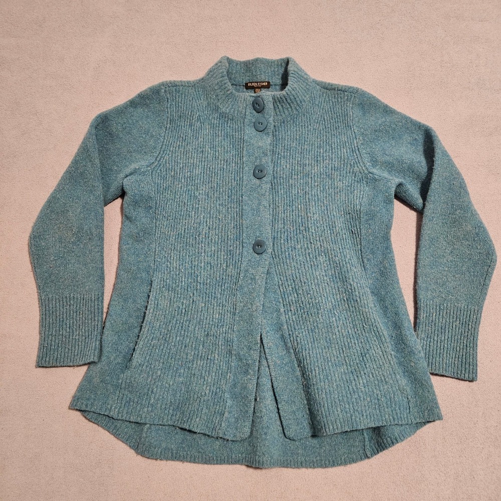 Eileen Fisher Seafoam Blue Ribbed Button-Front Cardigan